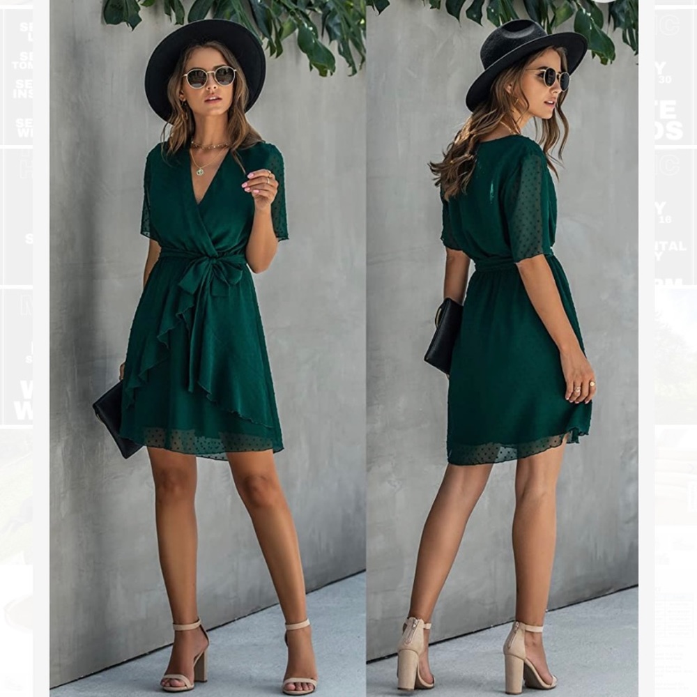 Dark Green Emerald Thigh Length Short Faux-Wrap Swiss Dot Dress size XL